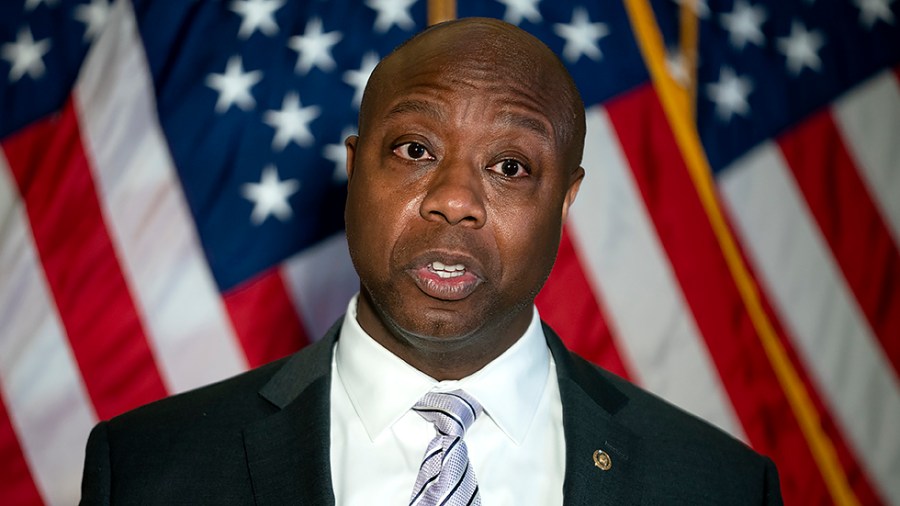 Sen. Tim Scott (R-S.C.) addresses reporter during a press conference on Wednesday, February 16, 2022 to discuss inflation during President Biden’s administration.