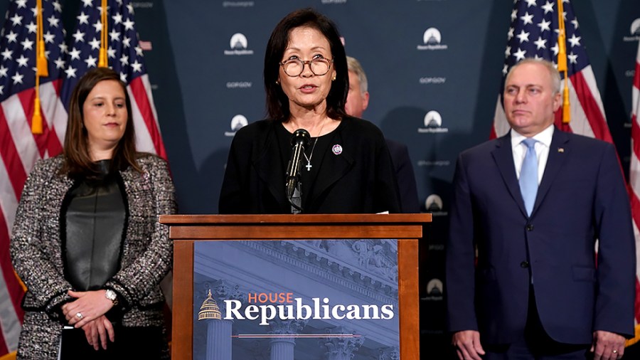 Rep. Michelle Steel (R-Calif.) addresses reporters during a press conference on Wednesday, October 20, 2021 following the closed-door House Republican Conference meeting.