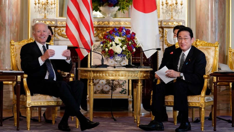 U.S. President Joe Biden, left, attends a bilateral meeting with Japanese Prime Minister Fumio Kishida at Akasaka Palace