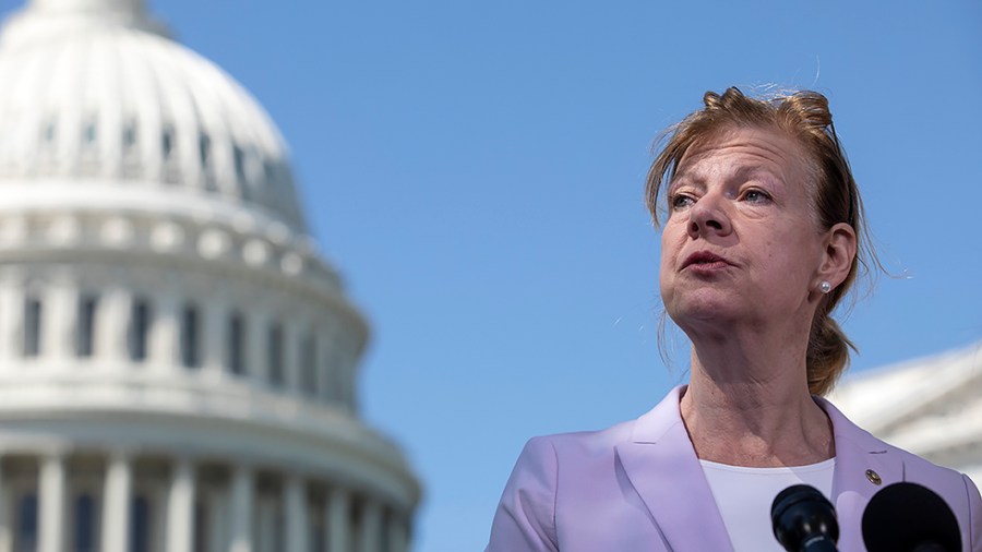 Sen. Tammy Baldwin (D-Wis.) addresses reporters during a press conference of Democratic women Senators on their continued fight to protect abortion rights on Capitol Hill in Washington, D.C., on Thursday, May 19, 2022.