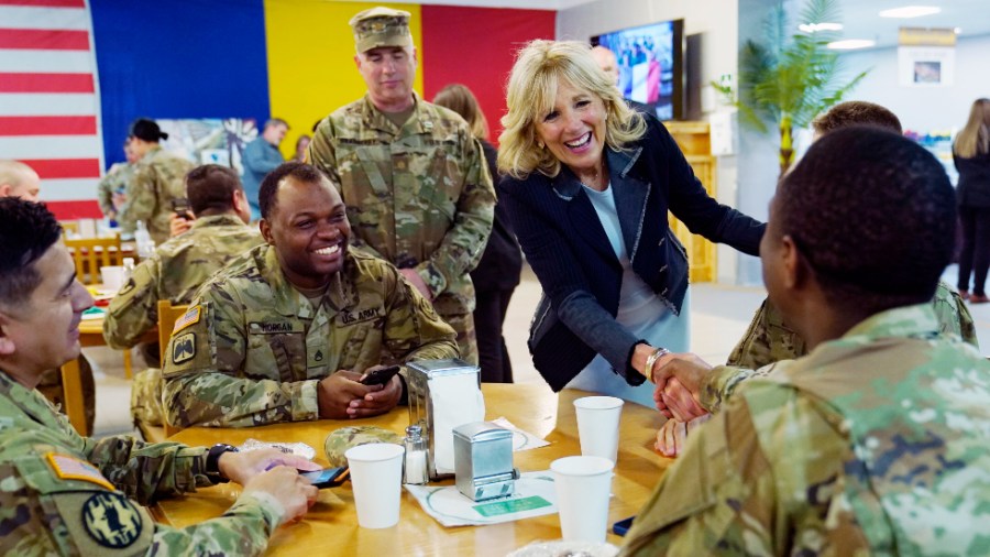 First lady Jill Biden meets U.S. troops during a visit to the Mihail Kogalniceanu Air Base in Romania