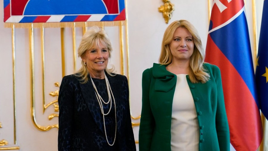 First lady Jill Biden, left, and President of Slovakia Zuzana Caputova pose for a photo before their meeting at the Presidential Palace in Bratislava