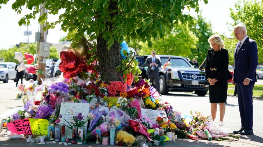 President Joe Biden and first lady Jill Biden visit the scene of a shooting at a supermarket to pay respects and speak to families of the victims of Saturday's shooting in Buffalo, N.Y.