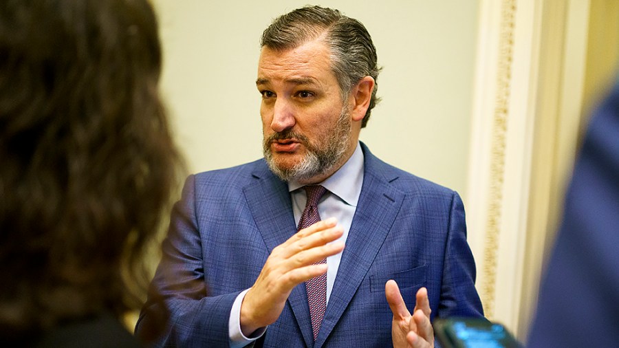 Sen. Ted Cruz (R-Texas) speaks to reporters outside the Senate Chamber on Wednesday, May 18, 2022.