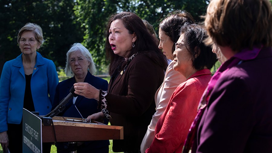 Sen. Tammy Duckworth (D-Ill.) addresses reporters during a press conference of Democratic women Senators on their continued fight to protect abortion rights on Capitol Hill in Washington, D.C., on Thursday, May 19, 2022.