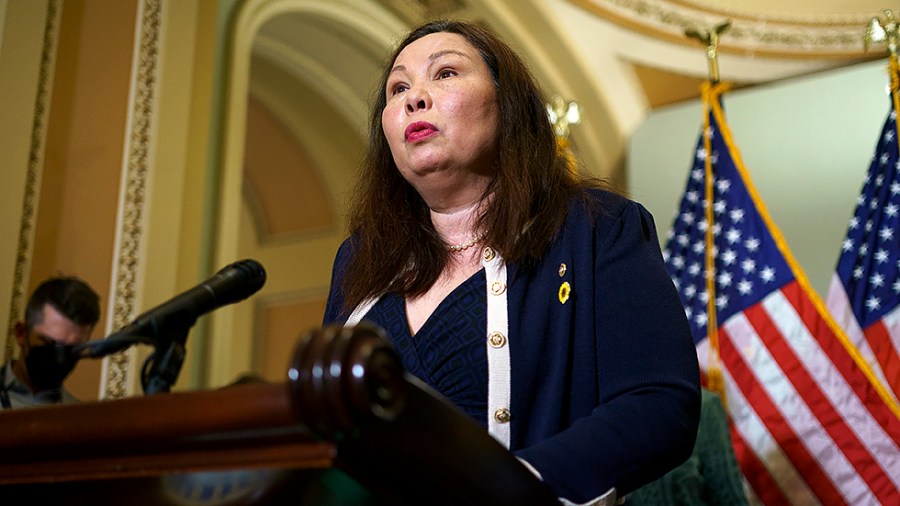 Sen. Tammy Duckworth (D-Ill.) addresses reporters following the weekly policy luncheon on Tuesday, May 24, 2022.