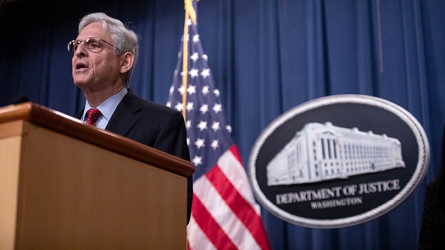 Attorney General Merrick B. Garland speaks to reporters during a press conference announcing a series of actions to secure environmental justice for all Americans at the Department of Justice in Washington, D.C., on Thursday, May 5, 2022.