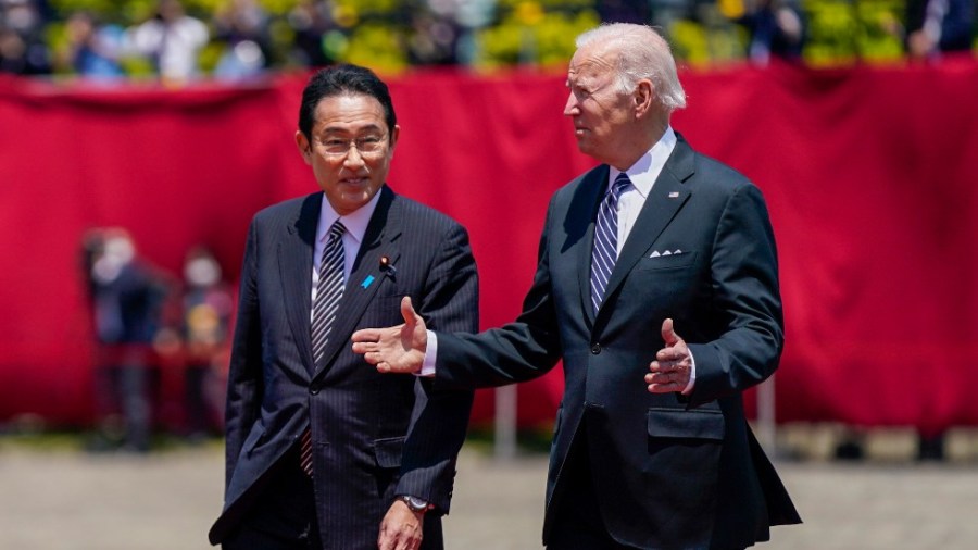 President Joe Biden, right, meets with Japanese Prime Minister Fumio Kishida at Akasaka Palace