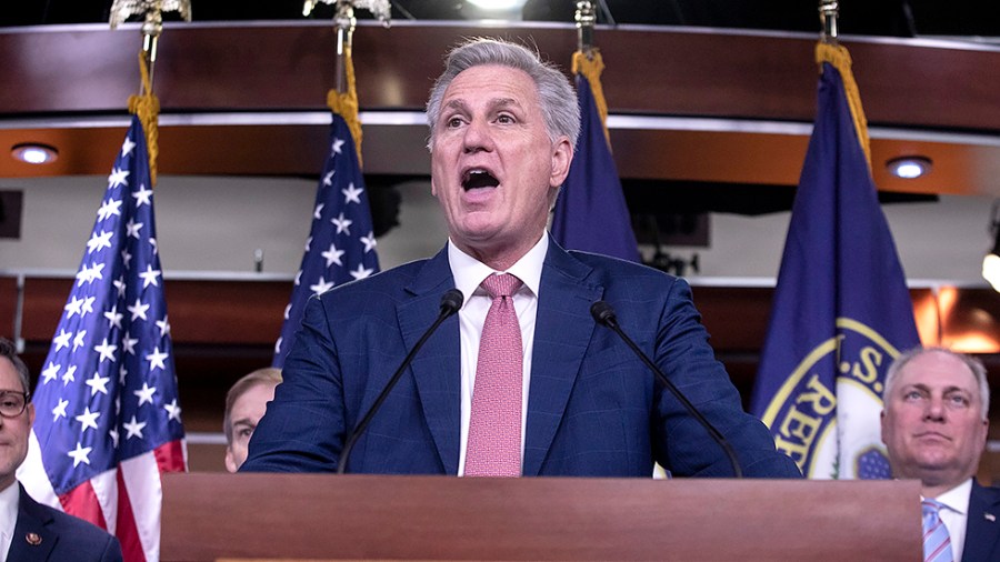 House Minority Leader Kevin McCarthy (R-Calif.) speaks to the press during a conference held to discuss Republican opposition to the Department of Homeland Security’s Disinformation Governance Board on Wednesday, May 11, 2022.