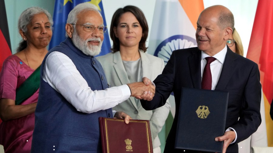 India’s Prime Minister, Narendra Modi, shakes hands with German Chancellor Olaf Scholz