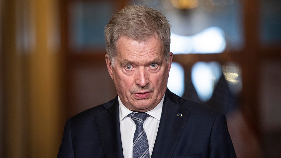 Sauli Niinistö, President of Finland, delivers brief remarks upon arriving at the U.S. Capitol to meet with Speaker Nancy Pelosi (D-Calif.) on Thursday, March 19, 2022.