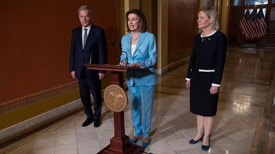 Speaker Nancy Pelosi (D-Calif.) delivers brief remarks upon the arrival of the President of Finland, Sauli Niinistö, and Swedish Prime Minister Magdalena Andersson, to U.S. Capitol on Thursday, March 19, 2022.