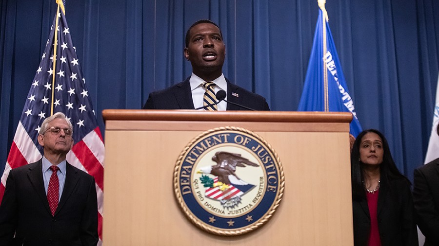 EPA Administrator Michael S. Regan speaks to reporters during a press conference announcing a series of actions to secure environmental justice for all Americans at the Department of Justice in Washington, D.C., on Thursday, May 5, 2022.