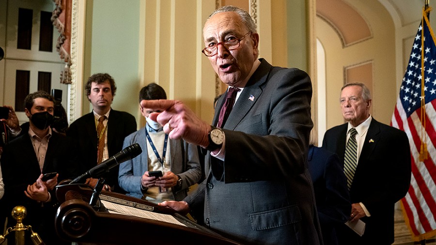 Majority Leader Charles Schumer (D-N.Y.) addresses reporters following the weekly policy luncheon on Tuesday, May 3, 2022.