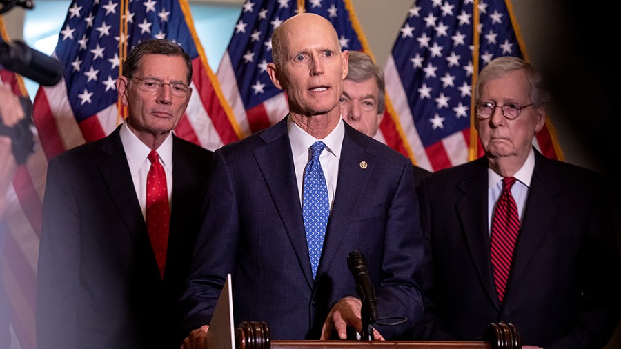 Sen. Rick Scott (R-Fla.) addresses reporters during a press conference held following the weekly Republican luncheon on Capitol Hill in Washington, D.C., on Tuesday, May 24, 2022.