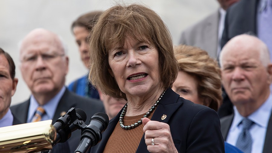 Sen. Tina Smith (D-Minn.) addresses reporters during a press conference held by the Senate Democrats addressing the leak of a draft majority opinion written by Supreme Court Justice Samuel Alito preparing for the court to overturn Roe v. Wade later this year, in Washington, D.C., on Tuesday, May 3, 2022.