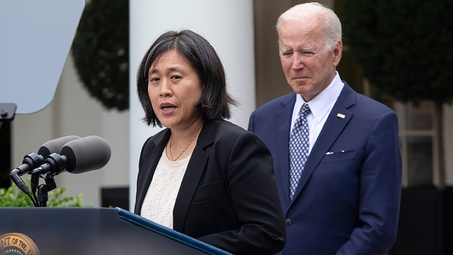 U.S. Trade Representative Katherine Tai speaks during a reception to celebrate Asian American, Native Hawaiian, and Pacific Islander Heritage Month the Rose Garden of the White House in Washington, D.C., on Tuesday, May 17, 2022.