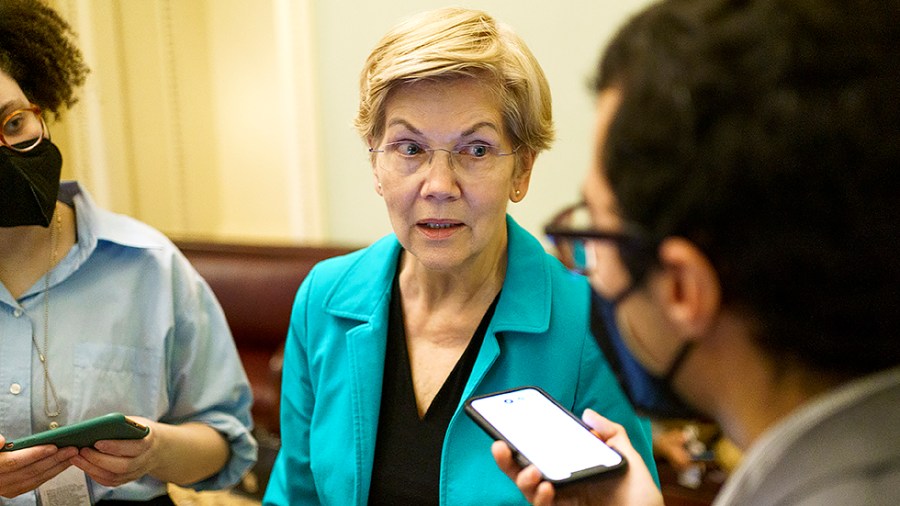 Sen. Elizabeth Warren (D-Mass.) addresses reporters before the weekly Senate Democratic policy luncheon on Tuesday, May 24, 2022.