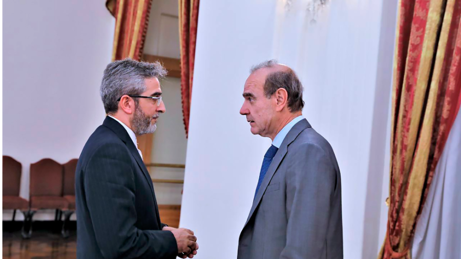 Enrique Mora, the European Union coordinator of talks to revive Iran's nuclear accord with world powers, right, speaks with Iran's top nuclear negotiator Ali Bagheri Kani, in Tehran, Iran.