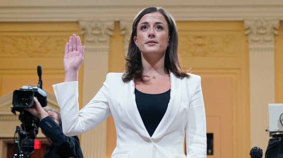 Cassidy Hutchinson, former aide to Trump White House chief of staff Mark Meadows, is sworn in to testify as the House select committee investigating the Jan. 6 attack on the U.S. Capitol continues to reveal its findings of a year-long investigation