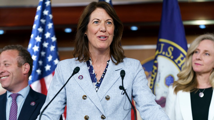 Rep. Cynthia Axne (D-Iowa) addresses reporters during a press conference on Wednesday, June 15, 2022 to discuss the Lower Food and Fuel Costs Act.