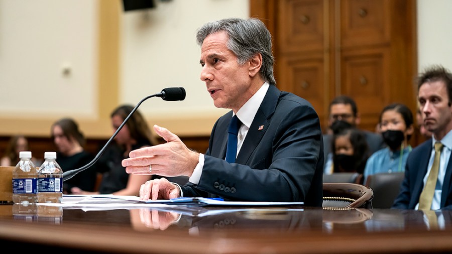 Secretary of State Antony Blinken gives an opening statement during a House Foreign Affairs Committee to discuss the President’s FY 2023 budget request for the department on Thursday, April 28, 2022.