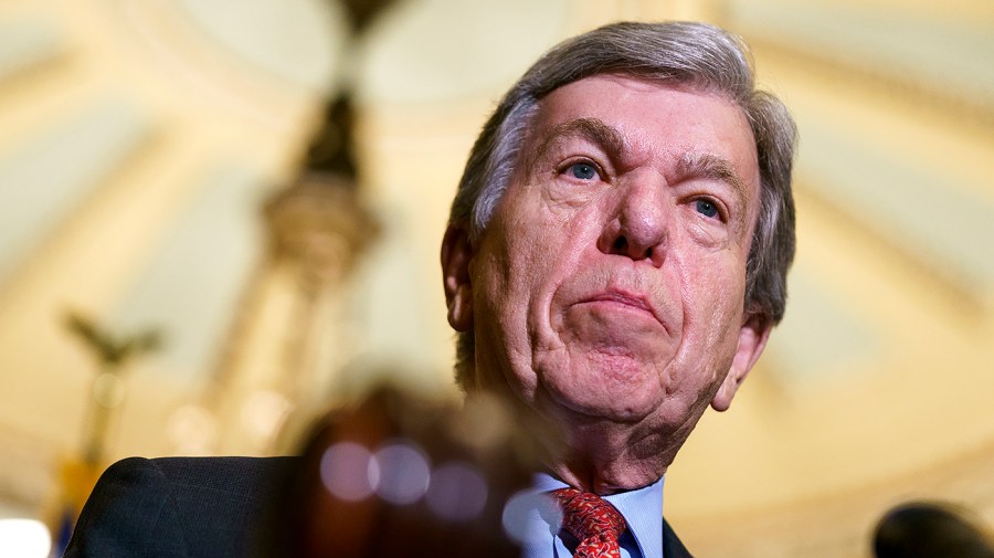 Sen. Roy Blunt (R-Mo.) addresses reporters after the weekly policy luncheon on Tuesday, June 14, 2022.