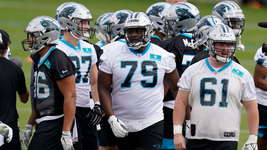 The Carolina Panthers hold drills at their May rookie minicamp in Charlotte, N.C.