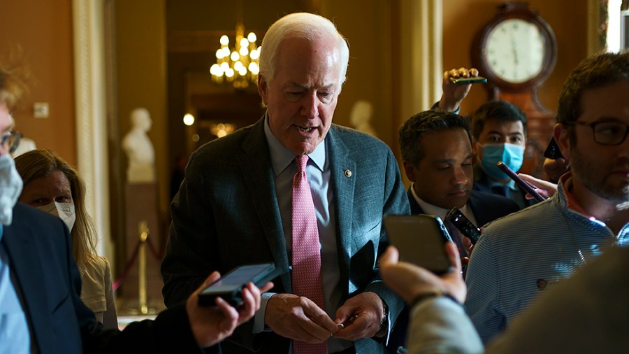 Sen. John Cornyn (R-Texas) speaks to reporters following a meeting with Minority Leader Mitch McConnell (R-Ky.) and Senate Republican leadership on Monday, June 6, 2022.