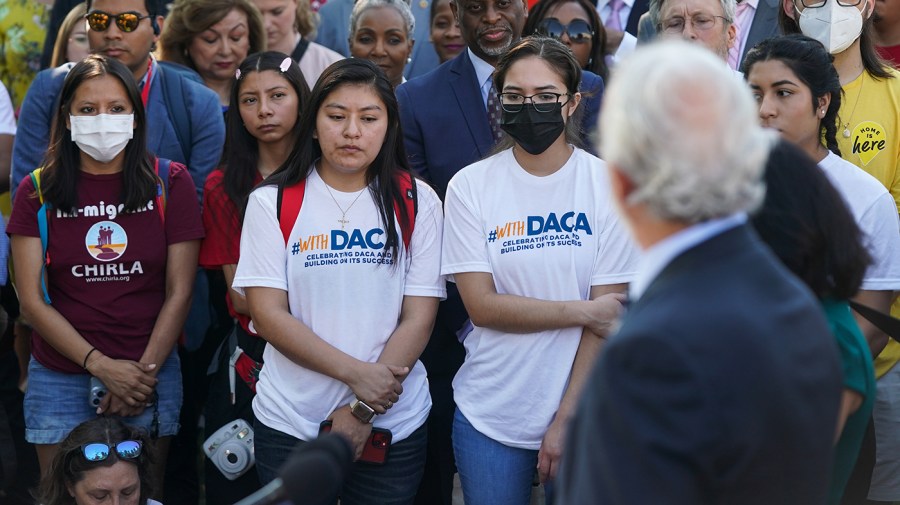 Supporters of the Deferred Action for Childhood Arrivals program are seen during a press conference on Wednesday, June 15, 2022 to mark the tenth anniversary of the program.