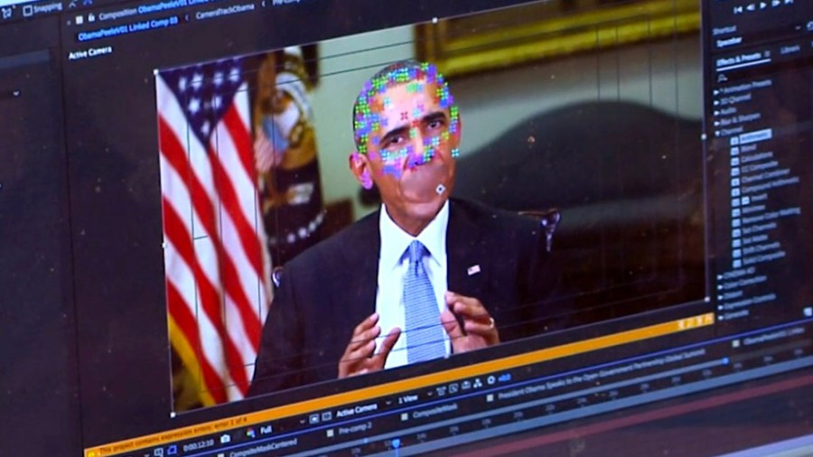 A computer shows an image of former President Barack Obama being manipulated on a computer.