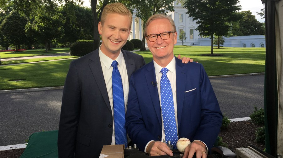 Father-son Fox News journalists Peter and Steve Doocy are seen outside the White House.