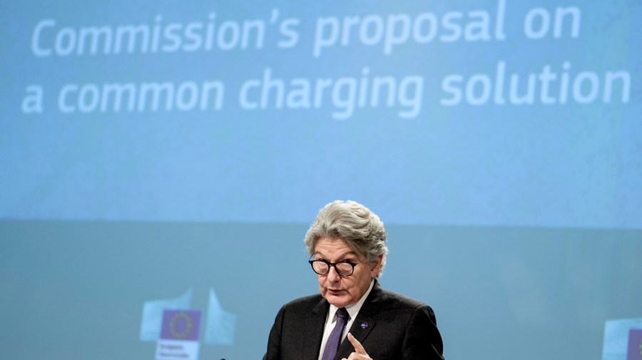 European Commissioner for Internal Market Thierry Breton speaks during a media conference on a common charging solution for mobile phones.