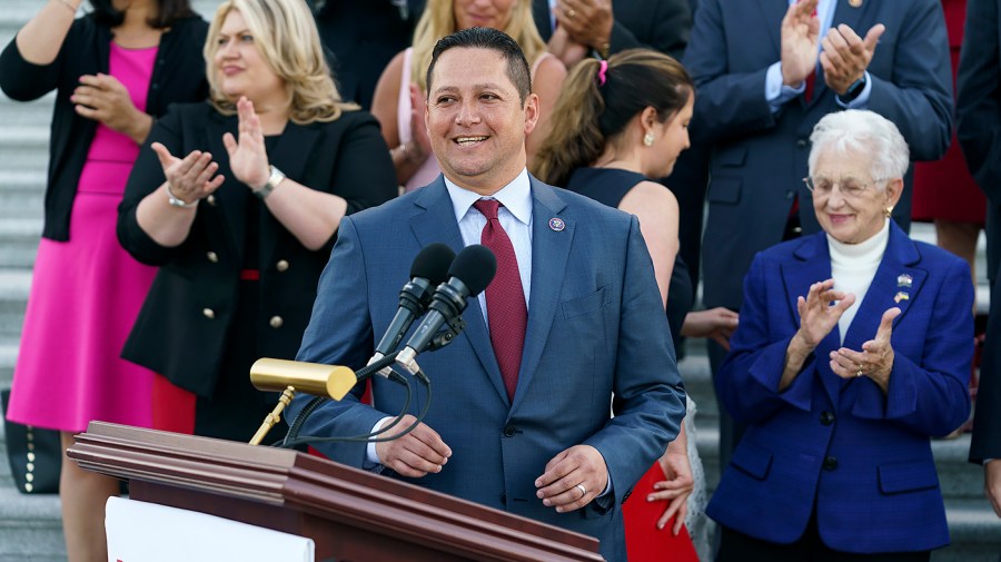 Rep. Tony Gonzales (R-Texas) heads to the podium during a press event to introduce the newest member, Rep. Mayra Flores (R-Texas) outside at the Capitol Steps on Tuesday, June 21, 2022.