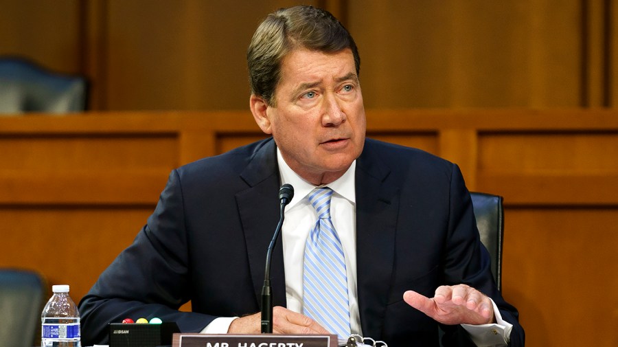 Sen. Bill Hagerty (R-Tenn.) questions Federal Reserve Chairman Jerome Powell during a Senate Banking, Housing, and Urban Affairs Committee hearing for the Semiannual Monetary Policy Report to Congress on Wednesday, June 22, 2022.