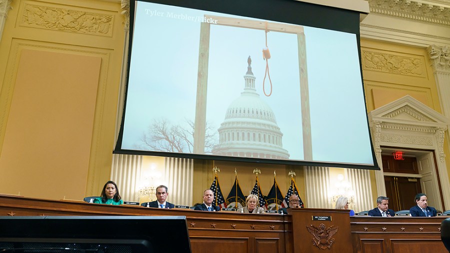 Footage is viewed during a Jan. 6 House Select Committee hearing to show unseen video footage and taped depositions after a year-long investigation on Thursday, June 9, 2022.