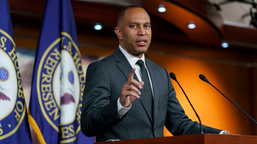 Rep. Hakeem Jeffries (D-N.Y.) addresses reporters after a closed-door Democratic caucus meeting on Tuesday, June 14, 2022.