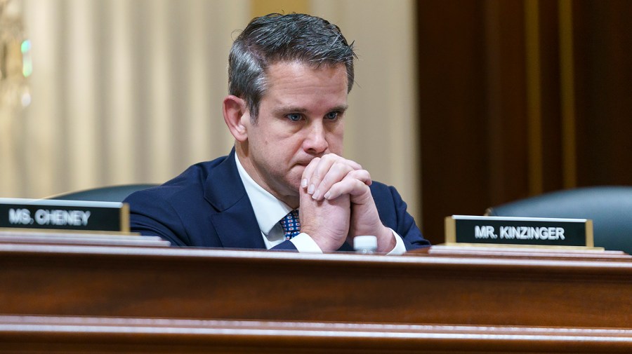 Rep. Adam Kinzinger (R-Ill.) is seen during a Jan. 6 House Select Committee hearing on Thursday, June 16, 2022 focusing on the involvement of former Vice President Pence and his staff on Jan. 6.