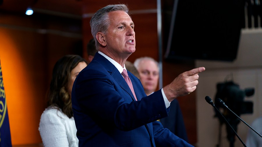 Minority Leader Kevin McCarthy (R-Calif.) addresses reporters during a press conference to discuss the Jan. 6 committee on Thursday, June 9, 2022.