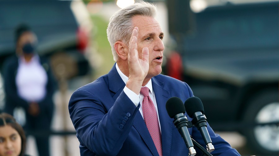 House Minority Leader Kevin McCarthy (R-Calif.) answers questions following a press event to introduce the newest member, Rep. Mayra Flores (R-Texas) outside at the Capitol Steps on Tuesday, June 21, 2022.