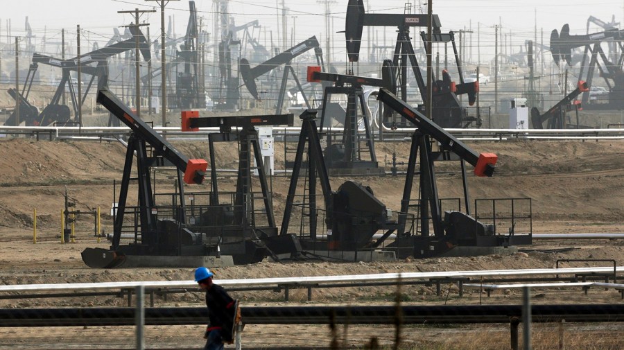 Pumpjacks operate at the Kern River Oil Field