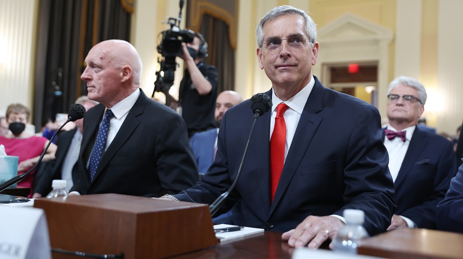 Arizona House Speaker Rep. Rusty Bowers and Georgia Secretary of State Brad Raffensperger prepare to testify as the House select committee investigating the Jan. 6 attack on the Capitol holds a public hearing to discuss its findings of a year-long investigation on Tuesday, June 21, 2022.