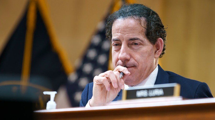 Rep. Jamie Raskin (D-Md.) reviews footage during a Jan. 6 House Select Committee hearing on Monday, June 13, 2022. The hearing focused on false election fraud claims and the Trump campaign’s continued push for donations.