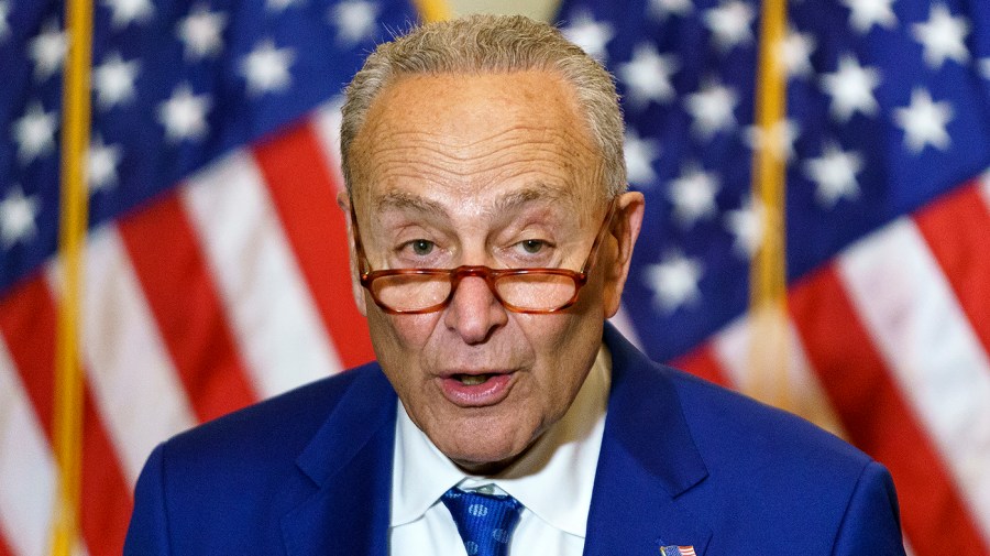 Majority Leader Charles Schumer (D-N.Y.) addresses reporters following the weekly policy luncheon on Wednesday, June 22, 2022.