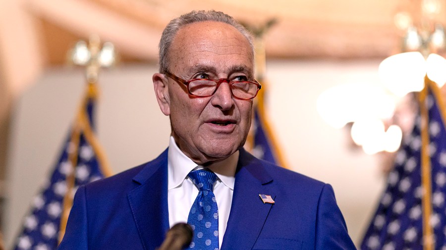 Majority Leader Charles Schumer (D-N.Y.) addresses reporters following the weekly policy luncheon on Wednesday, June 22, 2022.