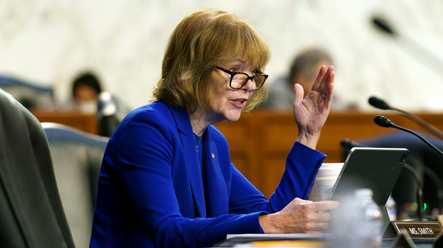 Sen. Tina Smith (D-Minn.) questions Federal Reserve Chairman Jerome Powell during a Senate Banking, Housing, and Urban Affairs Committee hearing for the Semiannual Monetary Policy Report to Congress on Wednesday, June 22, 2022.