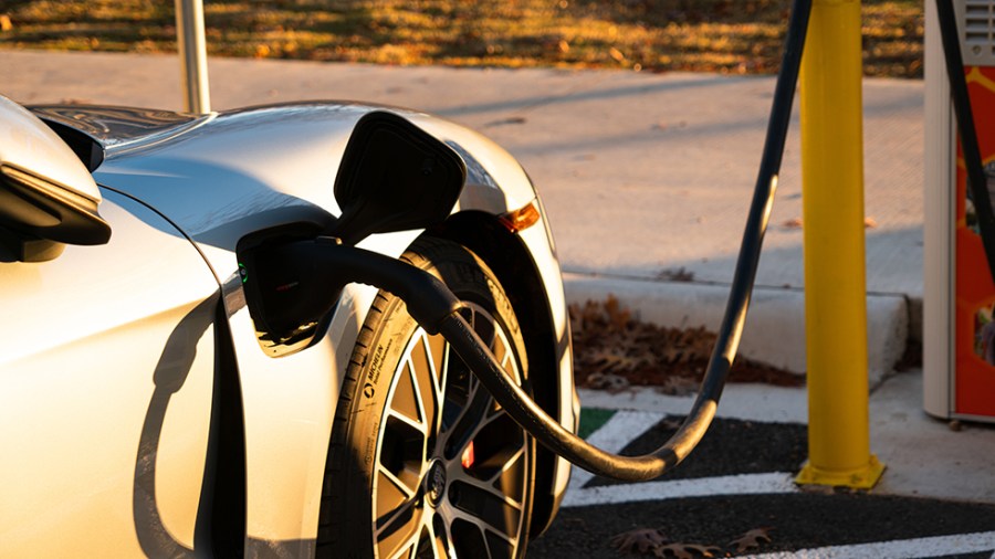 Porsche Taycan charging at a Chargepoint power station in downtown Austin, Texas, on Jan. 20, 2022.