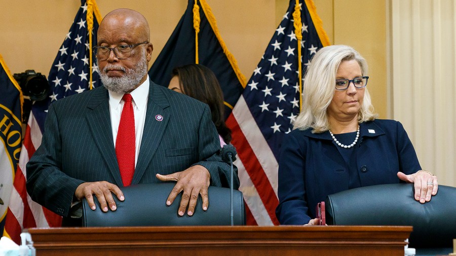 Reps. Bennie Thompson (D-Miss.) and Liz Cheney (R-Wyo.) arrive for a Jan. 6 House Select Committee hearing on Thursday, June 16, 2022 focusing on the involvement of former Vice President Pence and his staff on Jan. 6.