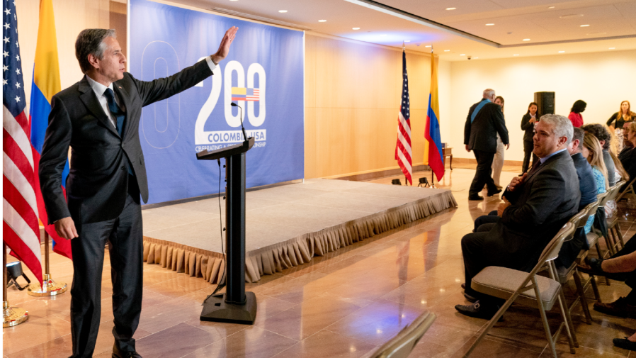 Secretary of State Antony Blinken departs an event with Colombian President Ivan Duque, at right, to commemorate 200 years of bilateral relations between the United States and Columbia at the State Department's National Museum of American Diplomacy, Wednesday, June 15, 2022, in Washington.