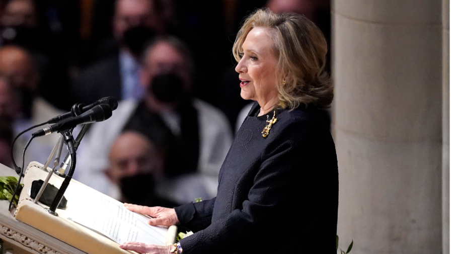 Former Secretary of State Hillary Clinton speaks during the funeral service for former Secretary of State Madeleine Albright at the Washington National Cathedral, Wednesday, April 27, 2022, in Washington.